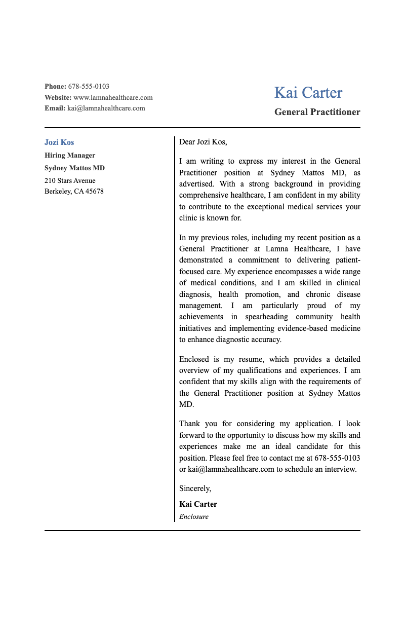 Modern sections professional cover letter - Clean two-column cover letter for medical professionals featuring contact details, recipient info, and structured narrative sections.